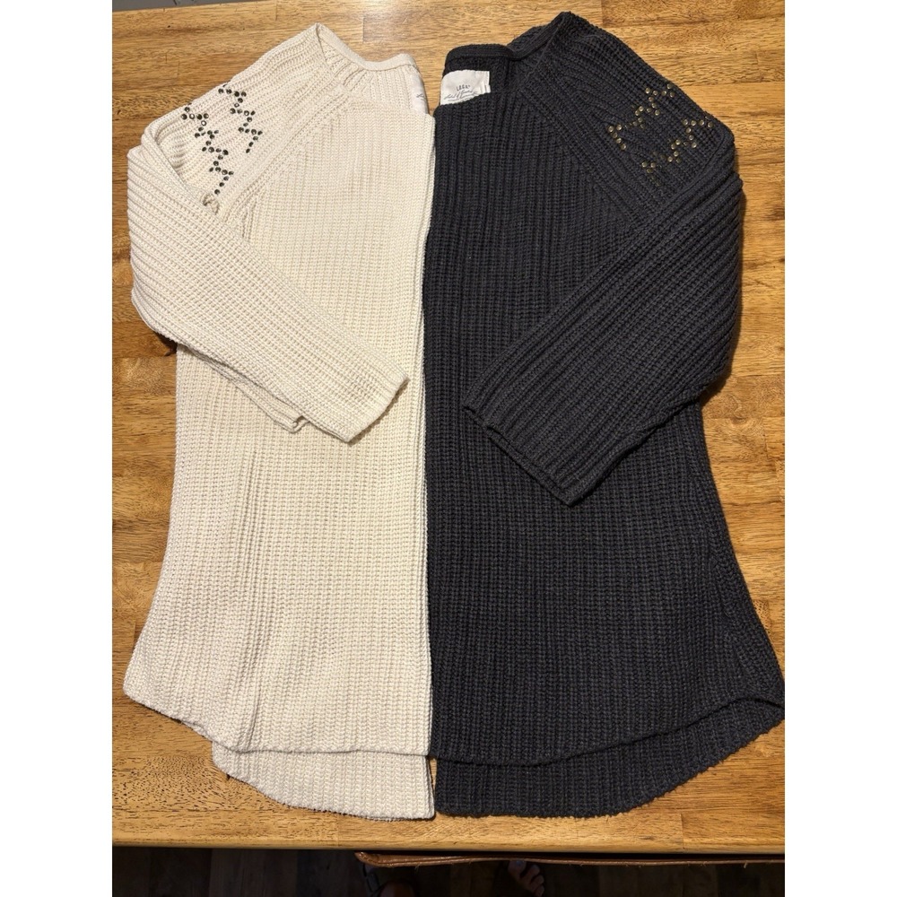 H&M L.O.G.G. Tunic Sweater Set Cream Charcoal Studded Ribbed Knit Cozy Large